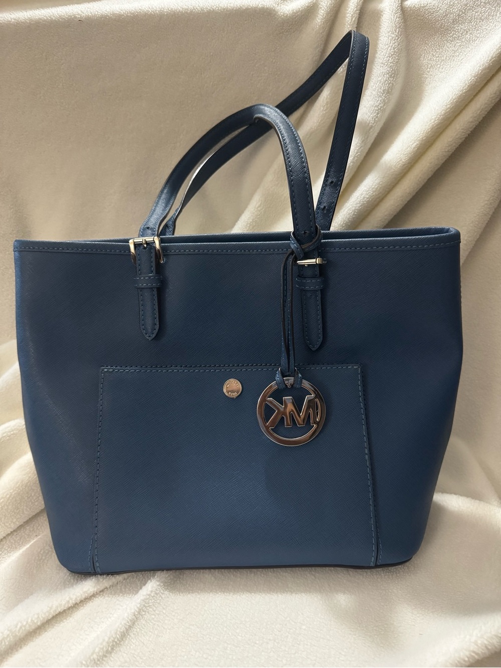 Michael Kors Dark Blue Saffiano Tote with Gold Charm
